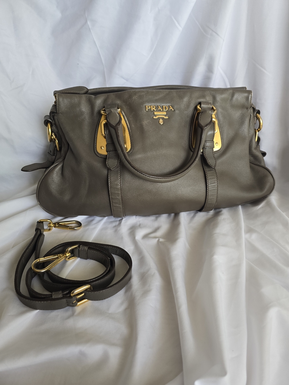 Prada Vitello Daino 2-Way Leather Satchel (Taupe Gray)